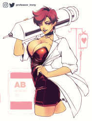 Rule 34 | 1girl, alan graham, black choker, black dress, blood type, breasts, chimatsuri chihiro, choker, cleavage, cropped legs, dress, highres, intravenous drip, lab coat, large breasts, lipstick, looking at viewer, makeup, oversized object, red hair, short hair, solo, standing, syringe, twisted torso, twitter username, vlad love
