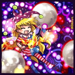Rule 34 | 1girl, :d, american flag, american flag dress, american flag legwear, american flag shirt, blonde hair, closed eyes, clownpiece, danmaku, fairy wings, hat, jester cap, long hair, lowres, moon, open mouth, pantyhose, pote (ptkan), smile, solo, star (symbol), striped clothes, striped pantyhose, torch, touhou, very long hair, wings