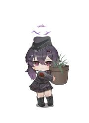 Rule 34 | 1girl, absurdres, black footwear, black hair, black hat, black jacket, black skirt, blue archive, blush, boots, chibi, closed mouth, commentary request, dokomon, flower pot, full body, garrison cap, hair between eyes, hair ornament, hairclip, halo, haruka (blue archive), hat, highres, holding, jacket, korean commentary, long sleeves, looking at viewer, plant, pleated skirt, potted plant, purple eyes, shadow, simple background, skirt, sleeves past wrists, solo, standing, sweat, white background