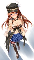 Rule 34 | 10s, 1girl, asymmetrical clothes, blue eyes, blue skirt, blush, boots, braid, breasts, brown footwear, brown hair, cleavage, collar, collarbone, detached sleeves, feathers, female focus, from above, granblue fantasy, hat, large breasts, lecia (granblue fantasy), navel, pantyhose, pleated skirt, see-through, shinozuka atsuto, side braid, single braid, skirt, solo, sweatdrop, thigh boots, thighhighs, torn clothes, torn legwear, walking