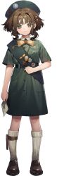 Rule 34 | 1girl, badge, belt, black belt, blue headwear, blush, bow, bowtie, brown footwear, brown hair, dress, eagle (reverse:1999), full body, girl scout, green dress, highres, holding, holding photo, jewelry, looking at viewer, necklace, official art, photo (object), pocket, pocket watch, reverse:1999, sash, shoes, short hair, sidelocks, socks, solo, standing, tachi-e, third-party source, transparent background, watch, white socks, yellow bow, yellow bowtie