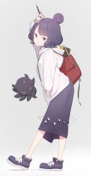 Rule 34 | 1girl, bag, blunt bangs, commentary request, doremi (doremi4704), fate/grand order, fate (series), from side, full body, grey background, hair ornament, hand in pocket, hand up, heroic spirit traveling outfit, highres, hood, hood down, hoodie, katsushika hokusai (fate), katsushika hokusai (traveling outfit) (fate), korean commentary, long sleeves, looking at viewer, looking to the side, octopus, official alternate costume, pen, purple eyes, purple footwear, purple hair, purple skirt, shoes, simple background, skirt, smile, sneakers, solo, squid, standing, white hoodie