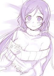 Rule 34 | 10s, 1girl, blush, breasts, cleavage, closed mouth, collarbone, hair ornament, hair scrunchie, hand on own chest, hiraga matsuri, large breasts, long hair, looking at viewer, love live!, love live! school idol project, low twintails, lying, monochrome, off shoulder, on back, purple theme, scrunchie, sketch, smile, solo, sweater, tojo nozomi, twintails, upper body