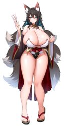Rule 34 | 1girl, absurdres, animal ears, bare legs, black hair, black panties, blue eyes, blush, breasts, card, cleavage, curvy, highres, holding, holding card, huge breasts, legs, long hair, multiple tails, original, panties, sandals, solo, standing, suruga (xsurugax), tail, thick thighs, thighs, underwear, white background, zouri