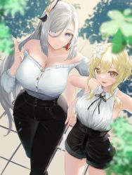 Rule 34 | 2girls, absurdres, alternate costume, black pants, black shorts, blonde hair, blue eyes, blurry, blurry foreground, bolo tie, breasts, cleavage, commentary request, denim, earrings, flower, from above, genshin impact, hair flower, hair ornament, hair over one eye, hands on own hips, highres, jewelry, large breasts, light rays, long hair, looking up, lumine (genshin impact), multiple girls, off-shoulder shirt, off shoulder, open mouth, outdoors, pants, shadow, shenhe (genshin impact), shirt, shirt tucked in, shorts, silver hair, sleeveless, smile, sunbeam, sunlight, tassel, tassel earrings, yellow eyes, yumeto (ym-1)
