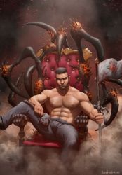 Rule 34 | 1boy, abs, absurdres, artist name, axe, bara, black hair, black pants, blood, bloody weapon, brown eyes, chest hair, closed mouth, david king (dead by daylight), dead by daylight, facial hair, flag, highres, holding, holding axe, holding flag, holding weapon, kapetoelo, looking at viewer, male focus, muscular, muscular male, navel, navel hair, nipples, pants, scar, scar on face, short hair, sitting, solo, throne, topless male, undercut, weapon
