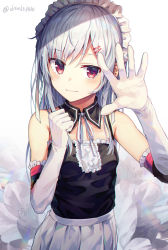 Rule 34 | 1girl, black shirt, blouse, blush, camisole, closed mouth, detached collar, elbow gloves, frills, gloves, grey hair, hair ornament, hairclip, hands up, highres, huwari (dnwls3010), long hair, looking at viewer, maid, original, purple eyes, shirt, simple background, skirt, solo, tsurime, twitter username, upper body, wavy mouth, white gloves, white skirt