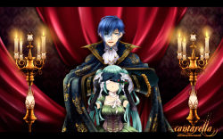 Rule 34 | 1boy, 1girl, aqua hair, blue eyes, blue hair, candle, cantarella (vocaloid), cape, covering privates, covering face, covering own eyes, dress, elbow gloves, formal, gloves, hatsune miku, highres, kaito (vocaloid), kirino kasumu, letterboxed, mask, twintails, vocaloid, wallpaper