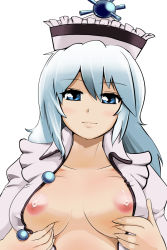 Rule 34 | 1girl, bad id, bad pixiv id, blue eyes, blue hair, breast lift, breasts, breasts apart, female focus, hat, highres, hyudora, lips, long hair, matching hair/eyes, merlin prismriver, nipples, no bra, open clothes, open shirt, shirt, smile, solo, touhou, upper body