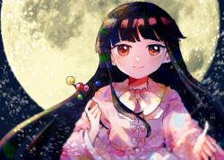 Rule 34 | 1girl, black hair, bow, branch, brown eyes, closed mouth, full body, houraisan kaguya, itomugi-kun, japanese clothes, jeweled branch of hourai, long hair, long sleeves, looking at viewer, pink shirt, shirt, smile, solo, straight-on, touhou, upper body, white bow, wide sleeves