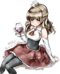 Rule 34 | 10s, 1girl, alcohol, brown eyes, cup, drinking glass, grey hair, highres, kantai collection, kazu (really in hot water now), long hair, pantyhose, pola (kancolle), solo, wavy hair, wine, wine glass