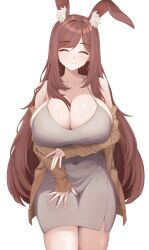 Rule 34 | 1girl, absurdres, animal ear fluff, animal ears, blush, breasts, brown hair, cleavage, closed eyes, commission, covered navel, dongtan dress, dress, grey dress, highres, huge breasts, jacket, long hair, looking at viewer, meme attire, mole, mole under mouth, open clothes, open jacket, original, rabbit ears, rabbit girl, simple background, smile, solo, very long hair, white background, yn 6262