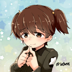 Rule 34 | 10s, 1girl, alisa (girls und panzer), barashiya, blue background, blush, brown eyes, brown hair, brown jacket, circle, closed mouth, emblem, fingers together, freckles, girls und panzer, green background, hair ornament, index fingers together, jacket, light smile, long sleeves, looking away, military, military uniform, multicolored background, portrait, saunders military uniform, short hair, short twintails, solo, star (symbol), star hair ornament, starry background, twintails, twitter username, uniform