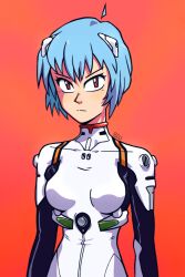 Rule 34 | 1girl, 8zu, artist name, ayanami rei, bodysuit, breasts, expressionless, hair ornament, highres, looking at viewer, medium breasts, neon genesis evangelion, pilot suit, plugsuit, red background, red eyes, short hair, simple background, solo