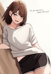 Rule 34 | 1girl, :d, absurdres, alternate language, black shorts, bob cut, breasts, brown eyes, brown hair, dolphin shorts, dutch angle, english text, grey background, highres, kapatarou, looking at viewer, lying, navel, on side, open mouth, original, shirt, short shorts, short sleeves, shorts, simple background, small breasts, smile, solo, teeth, thick eyebrows, upper teeth only, white shirt