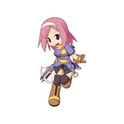 Rule 34 | 1girl, :d, archer (ragnarok online), armored skirt, arrow (projectile), black thighhighs, blue shirt, boots, bow (weapon), breasts, brown footwear, brown gloves, chest guard, chibi, crossbow, full body, gloves, hairband, holding, holding crossbow, holding weapon, looking at viewer, medium hair, official art, open mouth, pink hair, ragnarok online, red eyes, shirt, short sleeves, simple background, small breasts, smile, solo, standing, standing on one leg, swept bangs, tachi-e, thighhighs, transparent background, weapon, white hairband, yuichirou