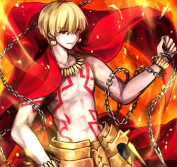 Rule 34 | 1boy, blonde hair, chain, ea (fate/stay night), enkidu (weapon) (fate), fate/hollow ataraxia, fate (series), gilgamesh (fate), gradient background, male focus, red eyes, sim1, solo, tattoo, topless male