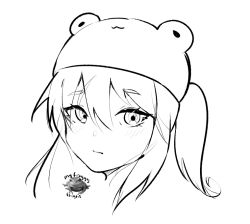 Rule 34 | 1girl, blush, frog, frog hat, froggy thighs, greyscale, hat, kaeguri, long hair, looking to the side, monochrome, side ponytail, sketch, solo, vdonburi, virtual youtuber