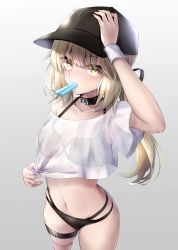 Rule 34 | 1girl, absurdres, artoria pendragon (all), artoria pendragon (fate), baseball cap, bikini, black bikini, black hat, blonde hair, blush, breasts, choker, crop top, fate/stay night, fate (series), food, gradient background, grey background, hair between eyes, hane yuki, hat, highres, long hair, looking at viewer, medium breasts, mouth hold, navel, pale skin, ponytail, popsicle, saber alter, shirt, solo, standing, swimsuit, thigh strap, thighs, white shirt, wristband, yellow eyes
