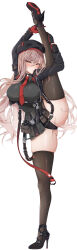 Rule 34 | 1girl, absurdres, arms up, ass, belt pouch, beret, black dress, black footwear, black gloves, black hat, black jacket, black leotard, black thighhighs, blush, breasts, brown hair, closed mouth, commentary request, cropped jacket, dress, gloves, gluteal fold, goddess of victory: nikke, hat, high heels, highleg, highleg leotard, highres, holding legs, jacket, kneepits, large breasts, leotard, long hair, long sleeves, looking at viewer, necktie, pouch, rapi (nikke), red gloves, red necktie, short dress, simple background, skindentation, solo, split, standing, standing on one leg, standing split, strap, tactical clothes, thighhighs, two-tone gloves, v-shaped eyebrows, white background, yellow eyes, yoru0409