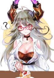 Rule 34 | 1girl, ?, ahoge, alternate costume, antenna hair, artist request, bad id, bad pixiv id, bare shoulders, belt, bespectacled, breasts, cake, cake slice, casual, choker, cleavage, closed mouth, clothing cutout, collarbone, collared dress, confused, cream, cream on face, draph, dress, food, food on face, fork, frilled sleeves, frills, frown, fruit, glasses, granblue fantasy, grey hair, hair between eyes, highres, holding, holding fork, horns, large breasts, long hair, long sleeves, pink-framed eyewear, puffy long sleeves, puffy sleeves, red eyes, shoulder cutout, simple background, solo, spoken question mark, strawberry, table, tagme, threo (granblue fantasy), two-tone background, upper body, white background, white dress, yellow background