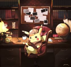 Rule 34 | book, bookshelf, brown hat, brown jacket, chair, clock, closed mouth, clothed pokemon, coffee, coffee mug, creatures (company), crossed legs, cup, deerstalker, desk, detective pikachu, detective pikachu (character), detective pikachu (game), drawer, full body, game freak, gen 1 pokemon, globe, hat, holding, holding smoking pipe, hourglass, indoors, jacket, lamp, long sleeves, looking at viewer, magnifying glass, mei (maysroom), mug, nib pen (object), nintendo, no humans, pen, pen holder, phone, pikachu, pokemon, pokemon (creature), roman numeral, sitting, smirk, smoking pipe, solo, twitter username, v-shaped eyebrows, v-shaped eyes