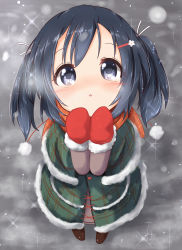 Rule 34 | 10s, 1girl, aged down, blue eyes, blue hair, from above, hair ornament, hair ribbon, hairclip, highres, kantai collection, kisa (k isa), matching hair/eyes, mittens, open mouth, red mittens, ribbon, scarf, snow, snowing, solo, souryuu (kancolle), twintails