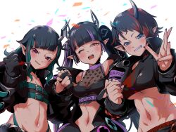 Rule 34 | 3girls, asymmetrical gloves, belt, belt bra, black gloves, black hair, black jacket, black nails, black shirt, blue belt, blue eyes, blue hair, blue panties, blunt bangs, blush, breasts, chest belt, cleavage, clenched hands, commentary, confetti, crop top, cropped jacket, demon girl, demon horns, ear chain, ear piercing, fang, flat chest, gloves, grin, heart, heart print, highleg, highleg panties, highres, horns, jacket, jewelry, kojo anna, kojo anna (1st costume), large breasts, long hair, long sleeves, looking at viewer, medium breasts, midriff, multicolored hair, multiple girls, nanashi inc., nantyu-a, navel, off shoulder, one eye closed, open clothes, open jacket, open mouth, panties, partially fingerless gloves, piercing, pointy ears, print shirt, purple hair, red eyes, red hair, ring, russian text, ryugasaki rene, ryugasaki rene (1st costume), see-through, see-through cleavage, see-through shirt, shirt, shishio chris, sleeveless, sleeveless shirt, smile, sugar lyric, symbol-only commentary, twintails, two-tone hair, underboob, underwear, upper body, virtual youtuber, white background, yellow eyes, zipper