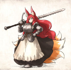 Rule 34 | 1girl, animal ears, apron, armor, armored boots, boots, breastplate, dress, flamberge, fox ears, fox tail, frills, gauntlets, highres, holding, holding sword, holding weapon, ironlily, long hair, maid, multiple tails, original, red hair, solo, sword, tail, weapon