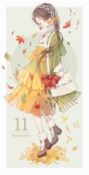 Rule 34 | 1girl, absurdres, autumn, autumn leaves, bad id, bad pixiv id, bag, beige background, boots, bow, braid, braided ponytail, brown footwear, brown hair, calendar (medium), earrings, english text, closed eyes, full body, ginkgo leaf, green jacket, hair ribbon, hairband, high-waist skirt, highres, huge filesize, jacket, jewelry, leaf, long hair, november, original, personification, red bow, ribbed sweater, ribbon, shiraho (color-56), shoulder bag, single braid, skirt, smile, solo, sweater, twig, white hairband, white sweater, yellow ribbon, yellow skirt