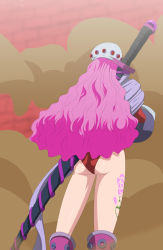 Rule 34 | 1girl, absurdres, ass, charlotte smoothie, female focus, from behind, hat, highres, leotard, long hair, long legs, long sword, one piece, pink hair, scarf, solo, stiky finkaz, sword, tattoo, very long hair, weapon