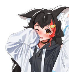 Rule 34 | 1girl, aged down, animal ear fluff, animal ears, black choker, black hair, blush, brown eyes, choker, commentary request, daichi (daichi catcat), drawstring, hair ornament, hairclip, highres, hololive, hood, hood down, long hair, long sleeves, looking at viewer, multicolored hair, one eye closed, ookami mio, ookami mio (casual), open mouth, red hair, simple background, sleeves past fingers, sleeves past wrists, solo, streaked hair, two-tone hoodie, upper body, virtual youtuber, white background, wolf ears