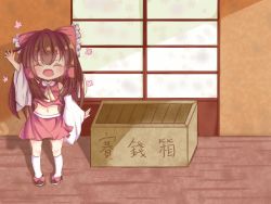 Rule 34 | 1girl, aged down, arm up, bow, box, brown hair, child, crop top, detached sleeves, donation box, closed eyes, hakurei reimu, japanese clothes, kneehighs, long hair, midriff, miko, navel, open mouth, outstretched arms, ribbon, shoes, skirt, smile, socks, solo, touhou, waving, white socks, xue ye