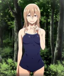 Rule 34 | 1girl, aoki clair, blonde hair, blue one-piece swimsuit, breasts, curvy, forest, freckles, gleipnir (series), grass, highres, long hair, looking at viewer, medium breasts, nature, one-piece swimsuit, screencap, smile, solo, standing, swimsuit, tree, upper body