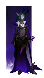 Rule 34 | 1girl, absurdres, player character (wow), black dress, boots, breasts, contrapposto, covered navel, dagger, distr, dress, elf, full body, green hair, hair between eyes, high heel boots, high heels, highres, holding, holding weapon, horns, knife, long hair, looking at viewer, medium breasts, original, parted lips, pointy ears, signature, solo, void elf, warcraft, warlock (warcraft), weapon, white eyes