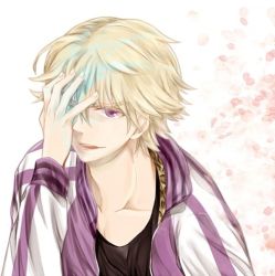 Rule 34 | 10s, 1boy, bad id, bad pixiv id, blonde hair, blue eyes, covering privates, covering face, glowing, glowing eye, ivan karelin, jacket, komeko, letterman jacket, male focus, purple eyes, purple jacket, short hair, solo, tiger &amp; bunny, white background