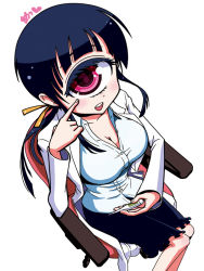Rule 34 | 1girl, black hair, breasts, chair, cleavage, cyclops, hitomi (hitomi sensei no hokenshitsu), hitomi sensei no hokenshitsu, lab coat, long hair, long sleeves, manaka hitomi, monster girl, official art, one-eyed, pink eyes, pointing, pointing at self, ponytail, school nurse, shake-o, sidelocks, simple background, sitting, skirt, solo, symbol-shaped pupils, thermometer, white background