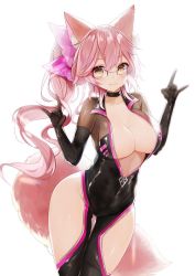 Rule 34 | 1girl, animal ear fluff, animal ears, black-framed eyewear, black choker, blush, bodysuit, bow, breasts, brown hair, choker, collarbone, commentary request, covered navel, cowboy shot, fate/grand order, fate (series), fox ears, fox shadow puppet, fox tail, glasses, hair between eyes, hair bow, hands up, hip vent, koyanskaya (assassin) (first ascension) (fate), koyanskaya (fate), large breasts, long hair, looking at viewer, natsuki (ukiwakudasai), open bodysuit, open clothes, pink bow, pink hair, ponytail, simple background, smile, solo, standing, tail, tamamo (fate), thighs, white background