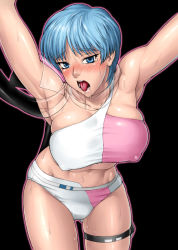 Rule 34 | 1980s (style), 1girl, abs, armpits, bang-you, blue eyes, blue hair, blush, breasts, dark-skinned female, dark skin, large breasts, matching hair/eyes, muscular, oldschool, panties, pussy juice, retro artstyle, saliva, shiny skin, short hair, solo, sweat, tears, thigh gap, thighs, toned, tongue, underwear, wingman, yume aoi