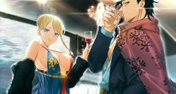 Rule 34 | 1boy, 1girl, alcohol, black clover, black hair, blonde hair, blue eyes, breasts, charlotte roselei, cigarette, cleavage, cup, dress, drinking glass, formal, holding, holding cigarette, multicolored clothes, multicolored dress, sanii, suit, wine, wine glass, yami sukehiro