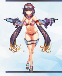 Rule 34 | 1girl, battle rifle, bikini, blunt bangs, breasts, brown hair, bullpup, cleavage, commentary request, dual wielding, eyewear on head, fate/grand order, fate (series), full body, gun, handgun, highres, holding, holster, large breasts, light brown hair, long hair, looking at viewer, low twintails, moriyama daisuke, multicolored hair, navel, official art, open mouth, osakabehime (fate), osakabehime (swimsuit archer) (fate), pistol, red eyes, rifle, safety glasses, sandals, scarf, smile, solo, swimsuit, thigh holster, twintails, twitter username, weapon, white background