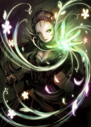 Rule 34 | 1girl, breasts, brown hair, cape, cleavage, commentary request, cowboy shot, dress, elf, energy, facial mark, flower, gradient background, green eyes, hair slicked back, holding, holding staff, jientomu, long hair, looking at viewer, magic: the gathering, medium breasts, nissa revane, open mouth, petals, pointy ears, ponytail, scarf, shadow, solo, spiral, staff, very long hair