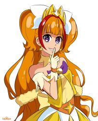 Rule 34 | 10s, 1girl, 2014, amanogawa kirara, bare shoulders, bow, brown hair, choker, cure twinkle, earrings, gloves, go! princess precure, jewelry, long hair, low-tied long hair, magical girl, multicolored hair, precure, purple eyes, quad tails, red hair, signature, skirt, smile, solo, star (symbol), star earrings, star samurai, streaked hair, tiara, two-tone hair, white background