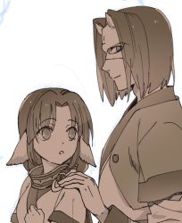 Rule 34 | 1boy, 1girl, ainu clothes, animal ears, aquaplus, breasts, closed mouth, eruruu, eyes visible through hair, from side, hair ornament, hakuowlo, hand on another&#039;s shoulder, height difference, kosakichiii, layered sleeves, long hair, long sleeves, looking at viewer, mask, monochrome, open mouth, raised eyebrows, sidelocks, small breasts, smile, upper body, utawarerumono