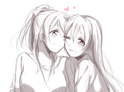 Rule 34 | 10s, 2girls, ayase eli, blush, cheek-to-cheek, eye contact, heads together, long hair, looking at another, love live!, love live! school idol project, monochrome, multiple girls, one eye closed, open mouth, sakura ai ke, sketch, smile, sonoda umi, yuri