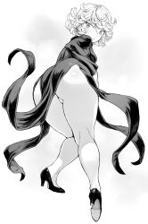 Rule 34 | 1girl, ass, ass focus, back, black dress, breasts, curly hair, dress, floating, floating clothes, greyscale, high heels, highres, huge ass, levitation, long sleeves, looking at viewer, mogudan, monochrome, one-punch man, petite, psychic, simple background, small breasts, solo, tatsumaki, telekinesis, thick thighs, thighs, thong, white background