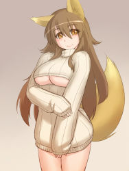 Rule 34 | 1girl, animal ears, blush, breasts, brown eyes, brown hair, center opening, cleavage cutout, clothing cutout, dress, fox ears, gochou (kedama), large breasts, long hair, looking at viewer, meme attire, open-chest sweater, original, ribbed sweater, sketch, slit pupils, solo, sweater, sweater dress, turtleneck, underboob