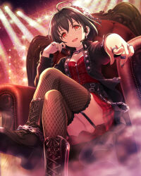 Rule 34 | 1girl, ahoge, black hair, boots, card (medium), chain, chair, crossed legs, fog, garter straps, hair ornament, idolmaster, idolmaster cinderella girls, idolmaster cinderella girls starlight stage, jewelry, kohinata miho, nail polish, official art, open mouth, pointing, pointing at viewer, red eyes, ring, shoe soles, sitting, solo, stage lights, thighhighs, zipper