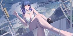 Rule 34 | 1girl, absurdres, alcohol, asahi breweries, azur lane, bag, beer, beer can, blue hair, breasts, can, character name, cigarette, cleavage, copyright name, crossed legs, dated, dress, drink can, dutch angle, evening gown, handbag, highres, holding, holding cigarette, jewelry, large breasts, looking at viewer, mountain, necklace, official alternate costume, product placement, revealing clothes, silver dress, sitting, st. louis (azur lane), st. louis (luxurious wheels) (azur lane), zhifu3711