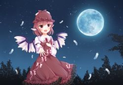 Rule 34 | 1girl, animal ears, bad id, bad pixiv id, bird ears, bird wings, blush, collar, commentary request, crotchet, dress, feathers, frilled dress, frilled sleeves, frills, hand on own chest, hat, hat ribbon, highres, juliet sleeves, long sleeves, looking at viewer, moon, mystia lorelei, neck ribbon, night, open mouth, pink eyes, pink hair, puffy sleeves, ribbon, shirt, short hair, smile, solo, touhou, upper body, wings, yua (bokubo0806)